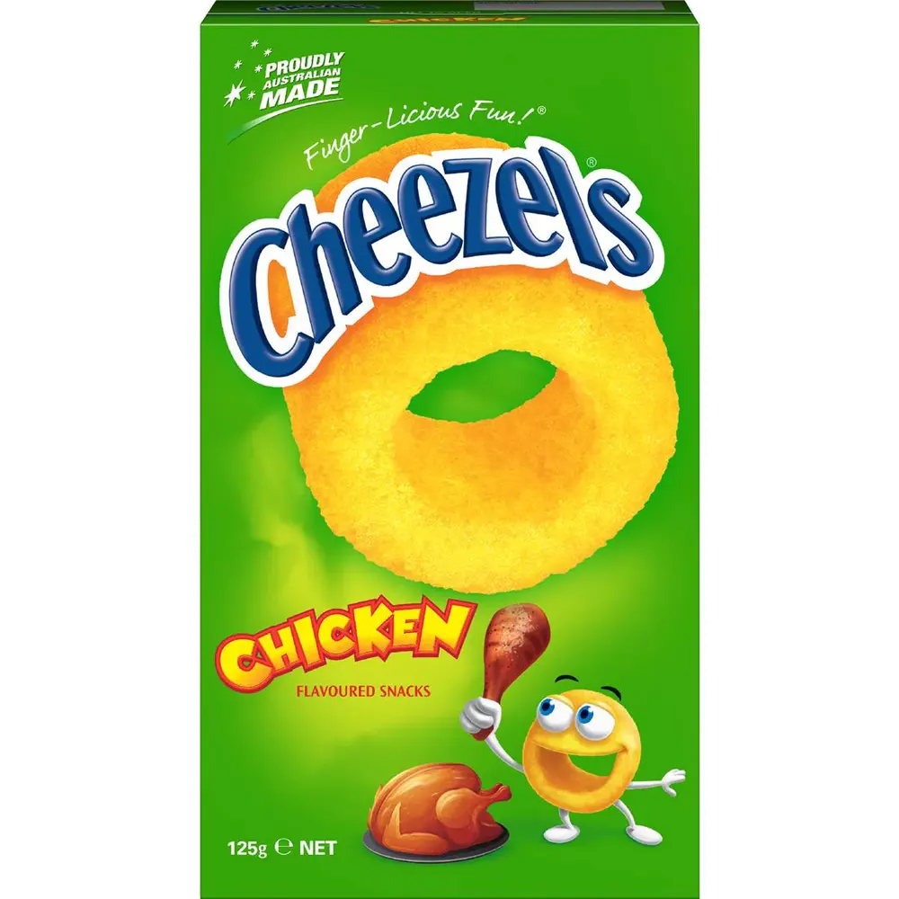 Green 125 g Cheezels Chicken box featuring a large golden ring and the mascot holding a chicken drumstick.