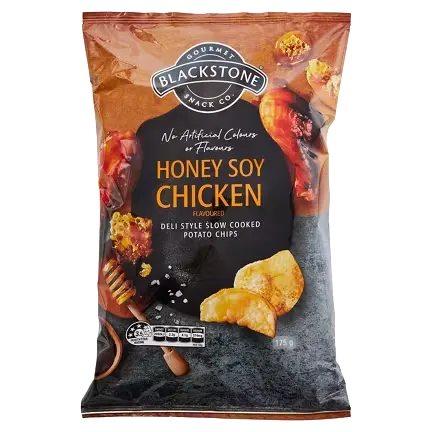 Blackstone Gourmet Snack Co. Honey Soy Chicken Flavoured Deli Style Potato Chips packet
