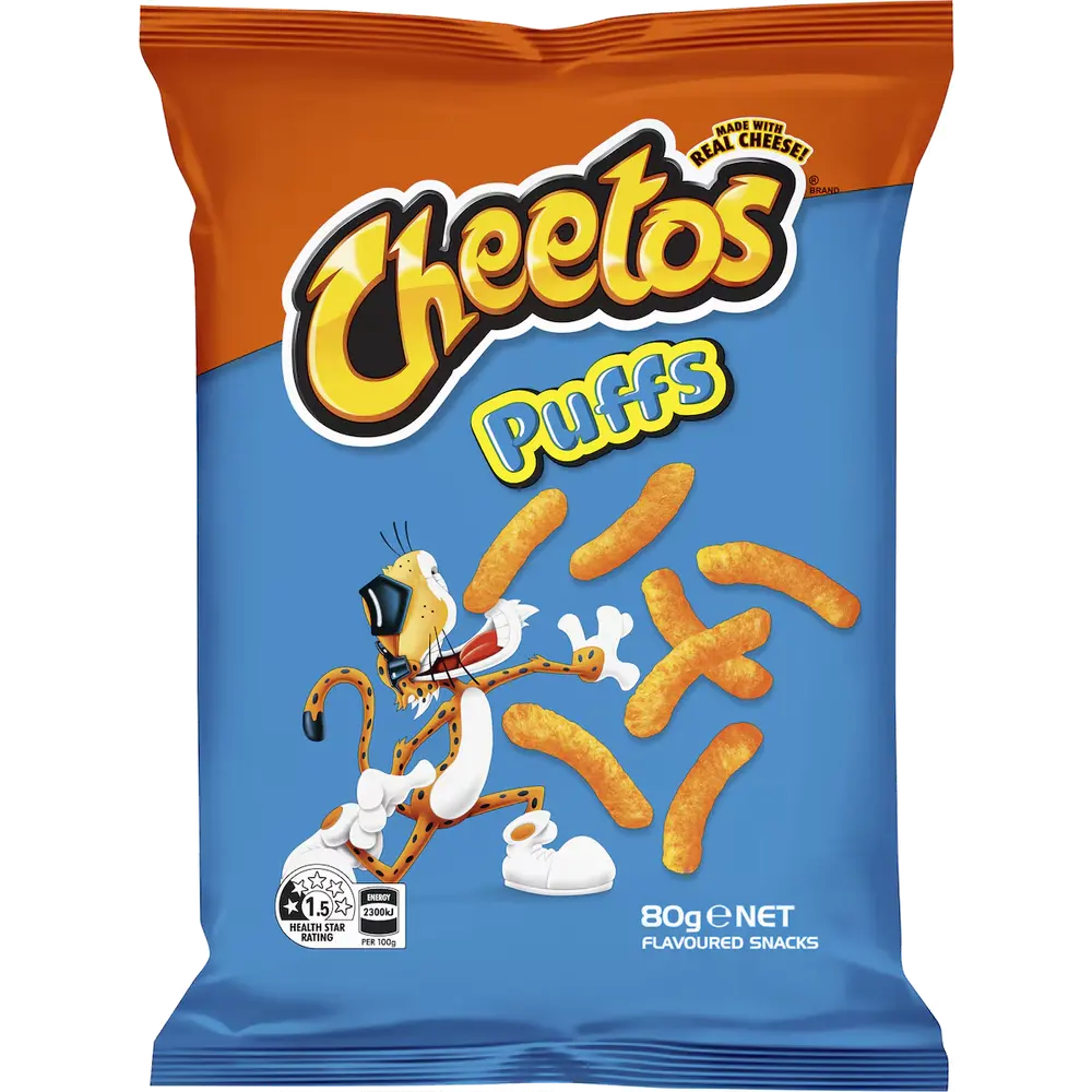 Blue and orange 80 g Cheetos Puffs packet featuring Chester Cheetah and cheese puffs.