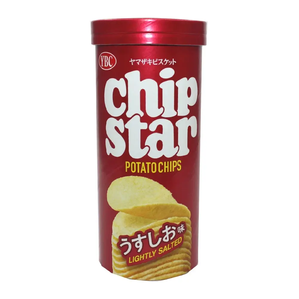 Burgundy Chip Star L-size cylindrical container with a stack of lightly salted potato crisps.