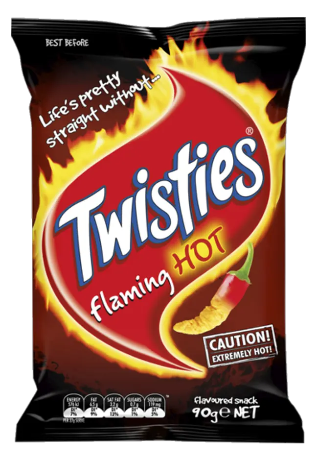 Black-and-red Twisties Flaming Hot bag surrounded by flames, featuring a chilli-tipped Twistie and an “Extremely Hot” warning.