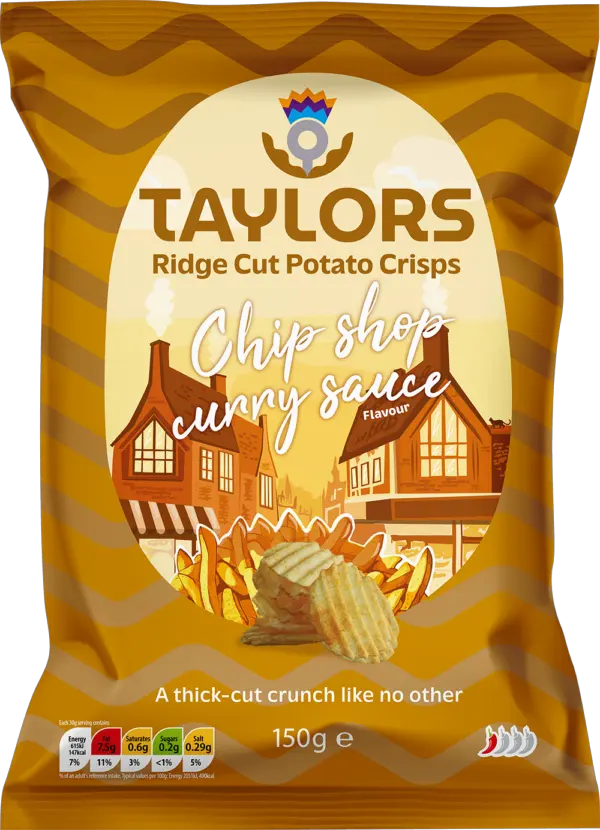 Taylors Ridge Cut Potato Crisps – Chip Shop Curry Sauce packet