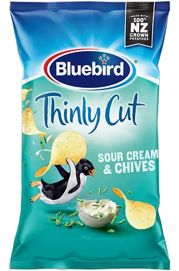 Thin and crispy potato chips coated in a rich sour cream and chive seasoning.