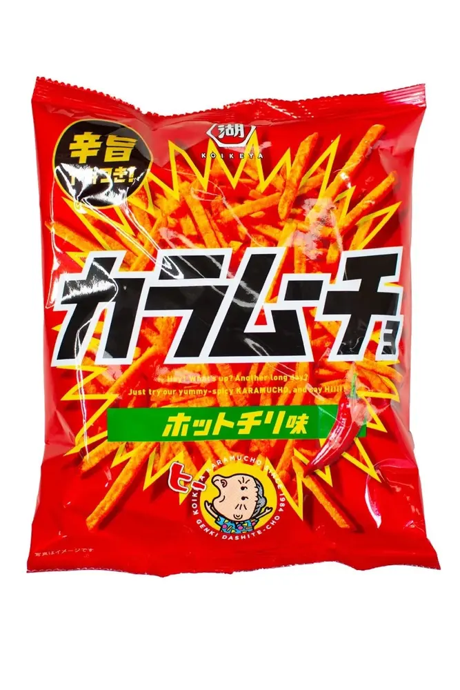 Bright red Karamucho bag featuring Japanese lettering, a chilli graphic and crunchy seasoned potato sticks.