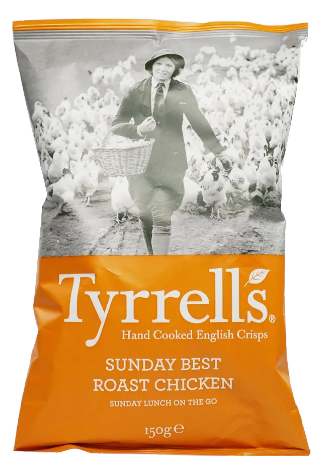 Orange Tyrrells Sunday Best Roast Chicken bag featuring a vintage black-and-white photograph of a woman surrounded by chickens