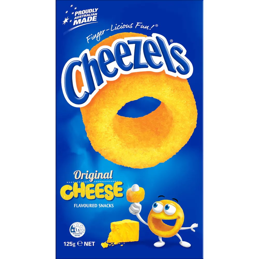 Blue 125 g Cheezels Original Cheese box featuring a large golden cheese ring and the Cheezels mascot.