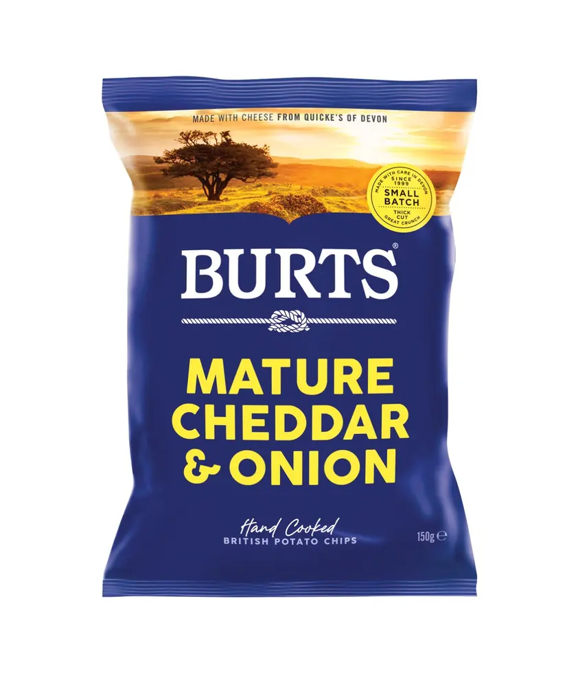 Dark blue Burts bag with an orange panel, mature cheddar cheese, onions and hand-cooked potato chips.