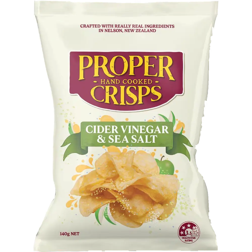 Cream-coloured Proper Crisps Cider Vinegar & Sea Salt packet with a burgundy logo, green flavour banner and golden potato crisps.