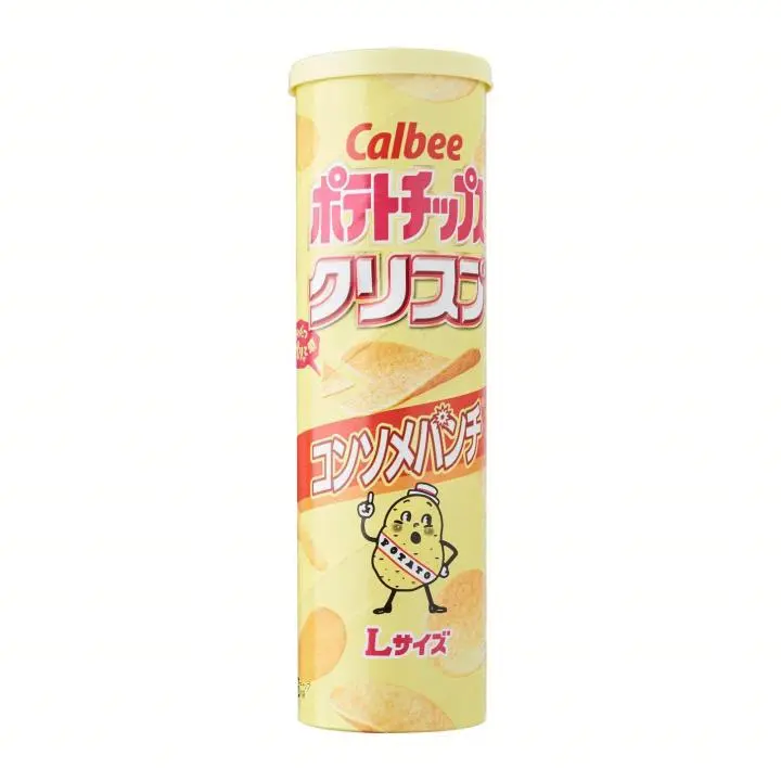 Yellow Calbee Potato Chips Crisp L-size cylindrical container featuring consommé-seasoned stacked chips.