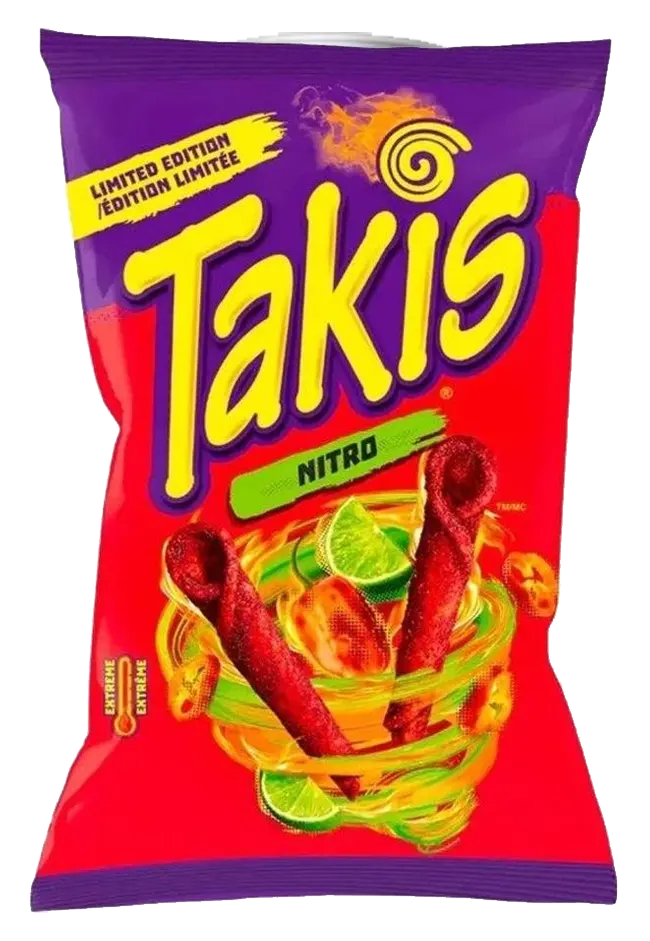 Red-and-purple limited-edition Takis Nitro bag featuring fiery red rolled tortilla chips, lime wedges, habanero peppers and an extreme-heat indicator.