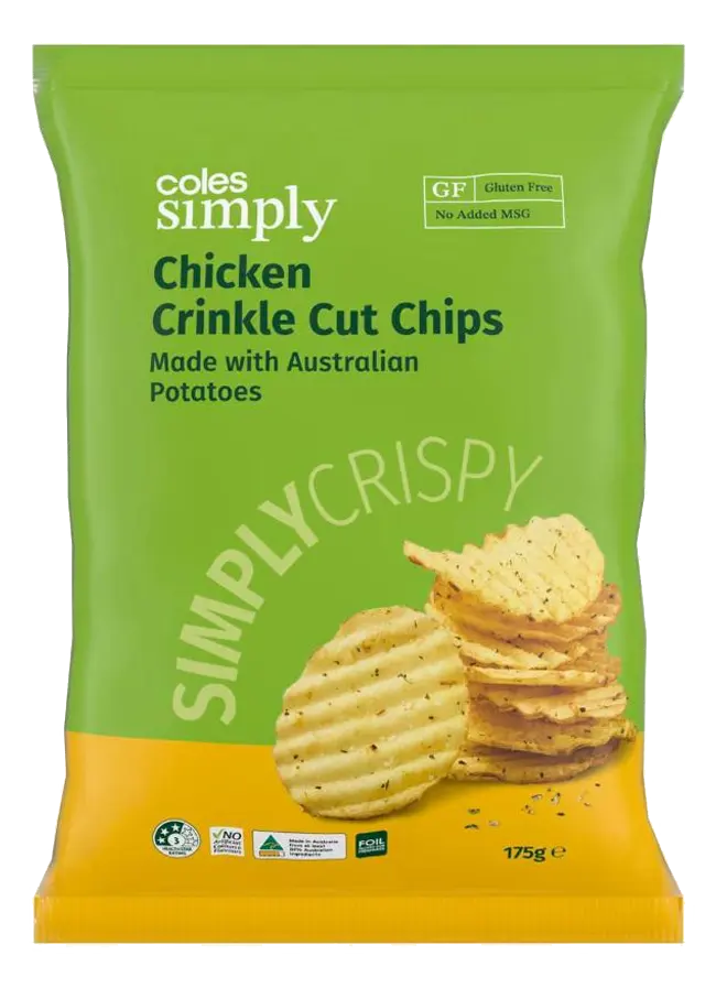 Coles Simply Chicken Crinkle Cut Chips packet