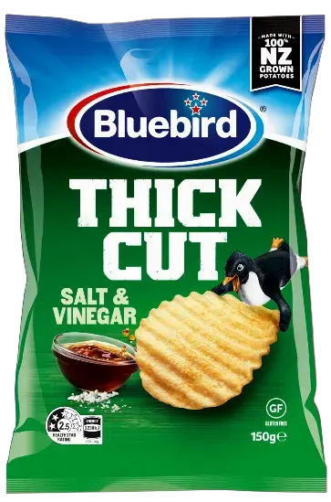Thick-cut potato chips with deep ridges and an intense salt and vinegar seasoning