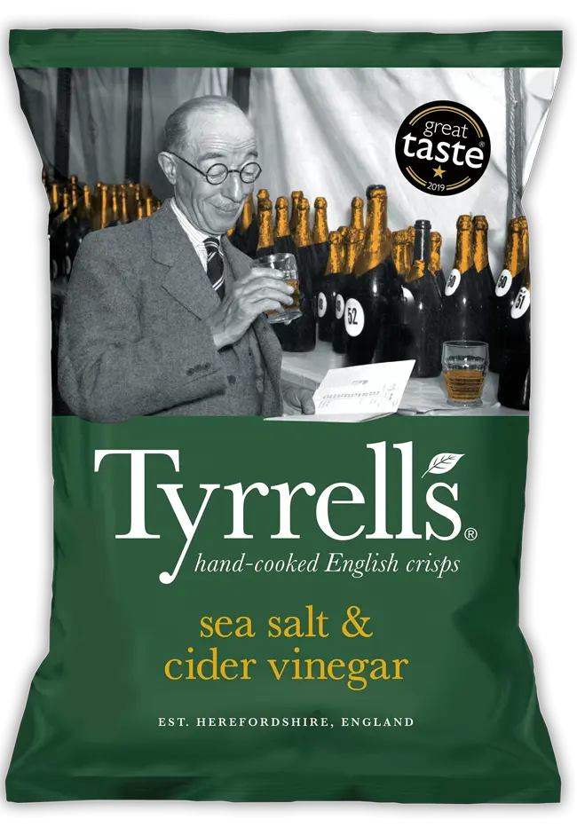 Dark green Tyrrells Sea Salt & Cider Vinegar bag featuring a vintage cider-tasting scene and a Great Taste award badge.