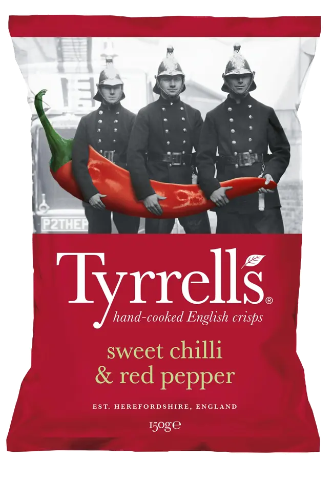 Red Tyrrells bag featuring three vintage firefighters carrying an oversized red chilli.