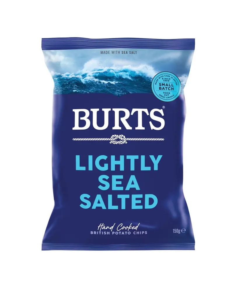 Blue Burts hand-cooked potato chips bag marked Lightly Sea Salted, with potato chips pictured near the bottom.