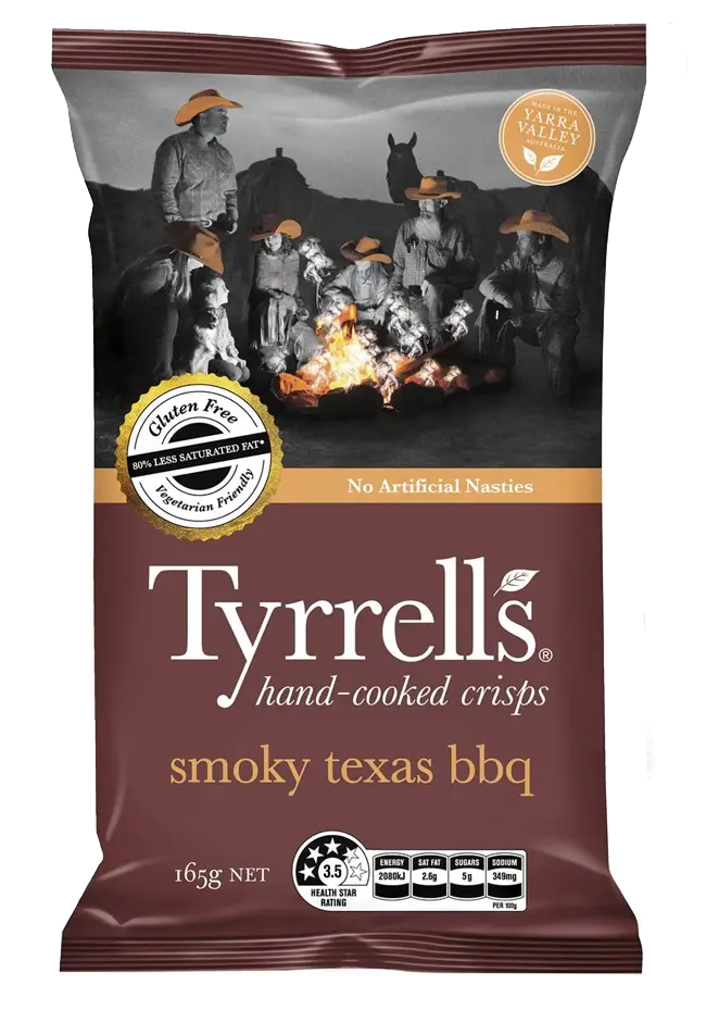 Brown Tyrrells Smoky Texas BBQ bag featuring a black-and-white campfire scene with orange cowboy hats.