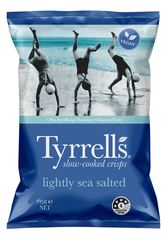 Blue Tyrrells Lightly Sea Salted bag featuring three people doing handstands on a beach.